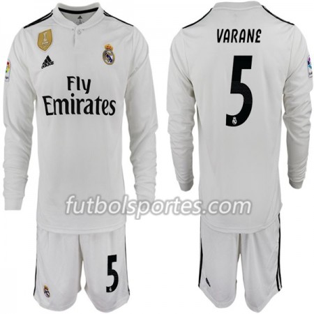 Camisetas Real Madrid VARANE 5 Niño Primera Equipacion 2018/2019 Manga Larga